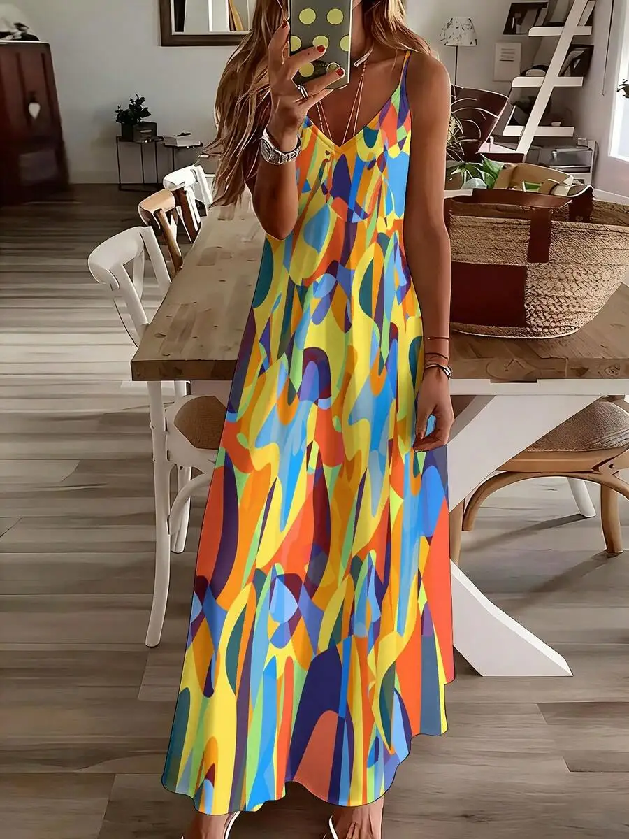 Women V Neck Spaghetti Strap Maxi Dress Abstract Colorful Geometric Print
Women V Neck Spaghetti Strap Maxi Dress Abstract Colorful Geometric Print