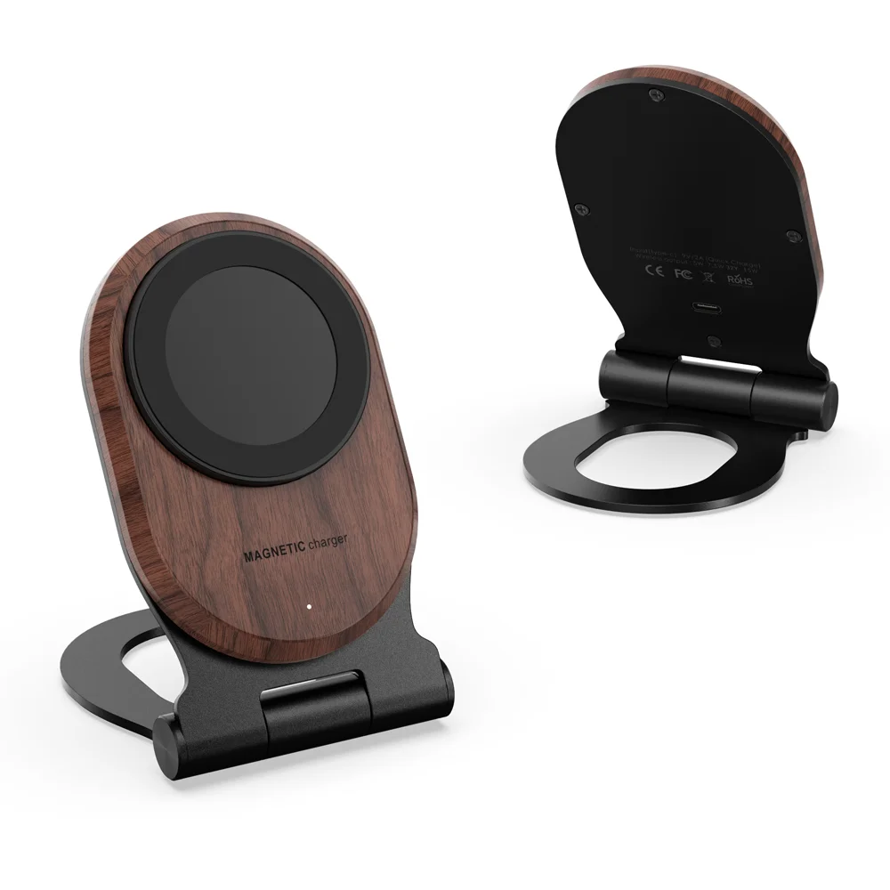 Eco-friendly wholesale Phone Accessories 15W fast Walnut wood wireless magnetic charger with folding metal Stand
Eco-friendly wholesale Phone Accessories 15W fast Walnut wood wireless magnetic charger with folding metal Stand