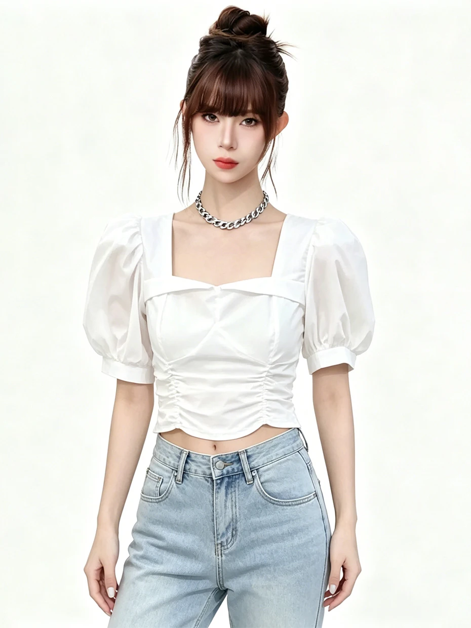 French Style Short Sleeve T-Shirt Women Summer Waist Cinched Bubble Sleeve Square Collar Top Fashionable Casual Streetwear
French Style Short Sleeve T-Shirt Women Summer Waist Cinched Bubble Sleeve Square Collar Top Fashionable Casual Streetwear