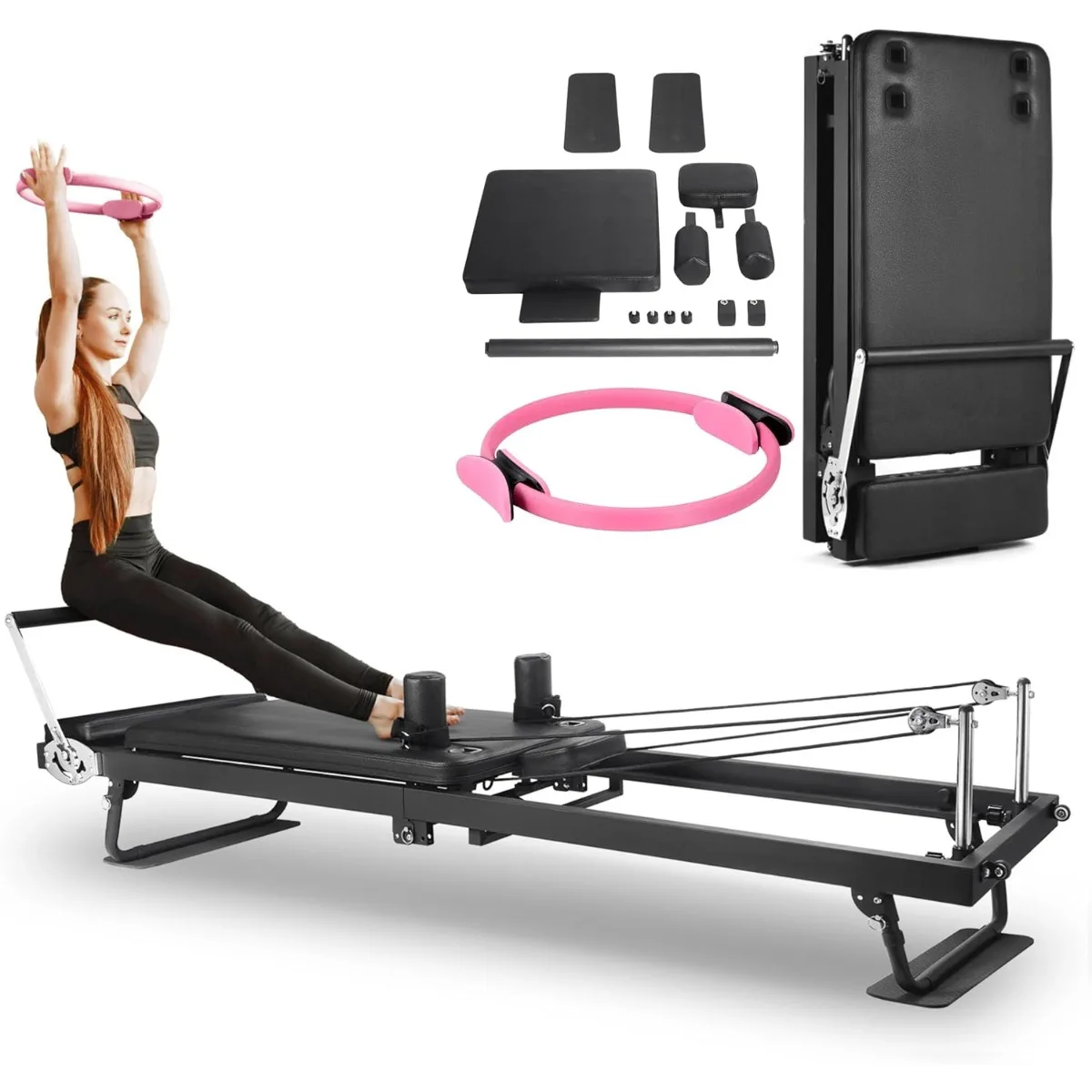 91inch Extended Foldable Pilates Reformer, Pilates Machine w/Pilates Ring Circle & Headrest, Jumpboard, Dual Resistance Springs
91inch Extended Foldable Pilates Reformer, Pilates Machine w/Pilates Ring Circle & Headrest, Jumpboard, Dual Resistance Springs