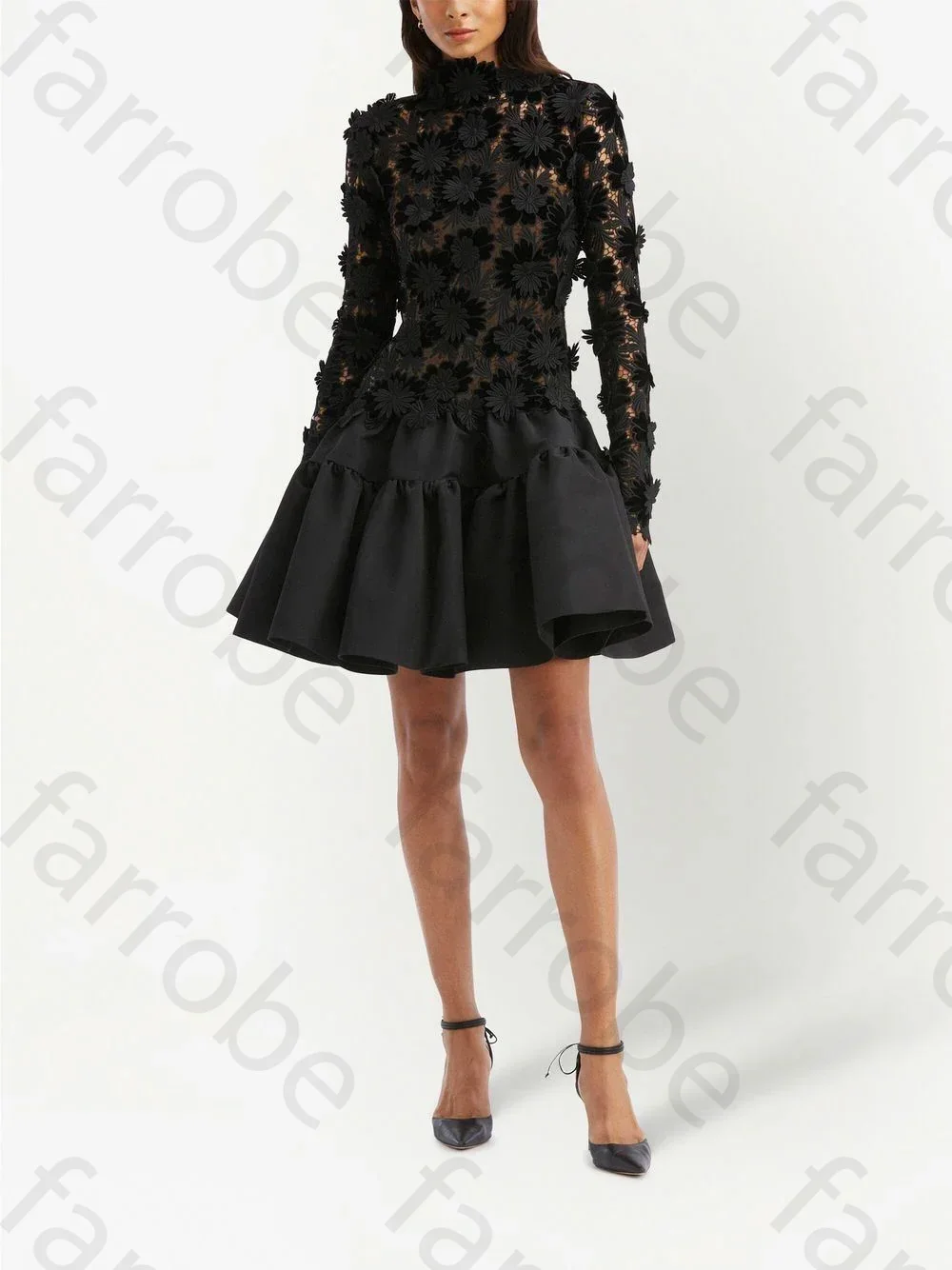 Customized High Neck Long Sleeve Floral Prom Dresses A-line Black 3D Lace Evening Gown Open Back Cocktail Party Dress for Women
Customized High Neck Long Sleeve Floral Prom Dresses A-line Black 3D Lace Evening Gown Open Back Cocktail Party Dress for Women