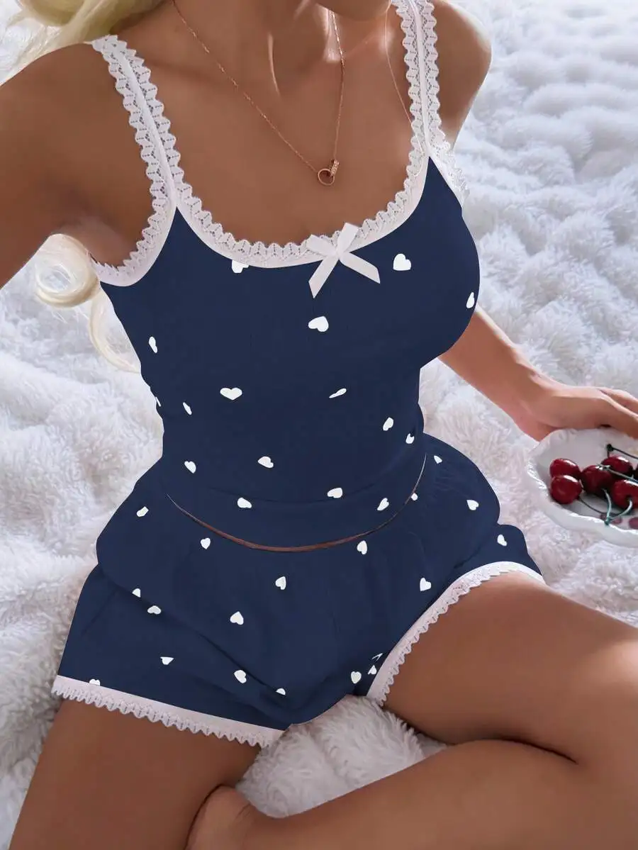 Women Blue Heart Print Lace Trim Camisole Shorts Pajama Set
Women Blue Heart Print Lace Trim Camisole Shorts Pajama Set