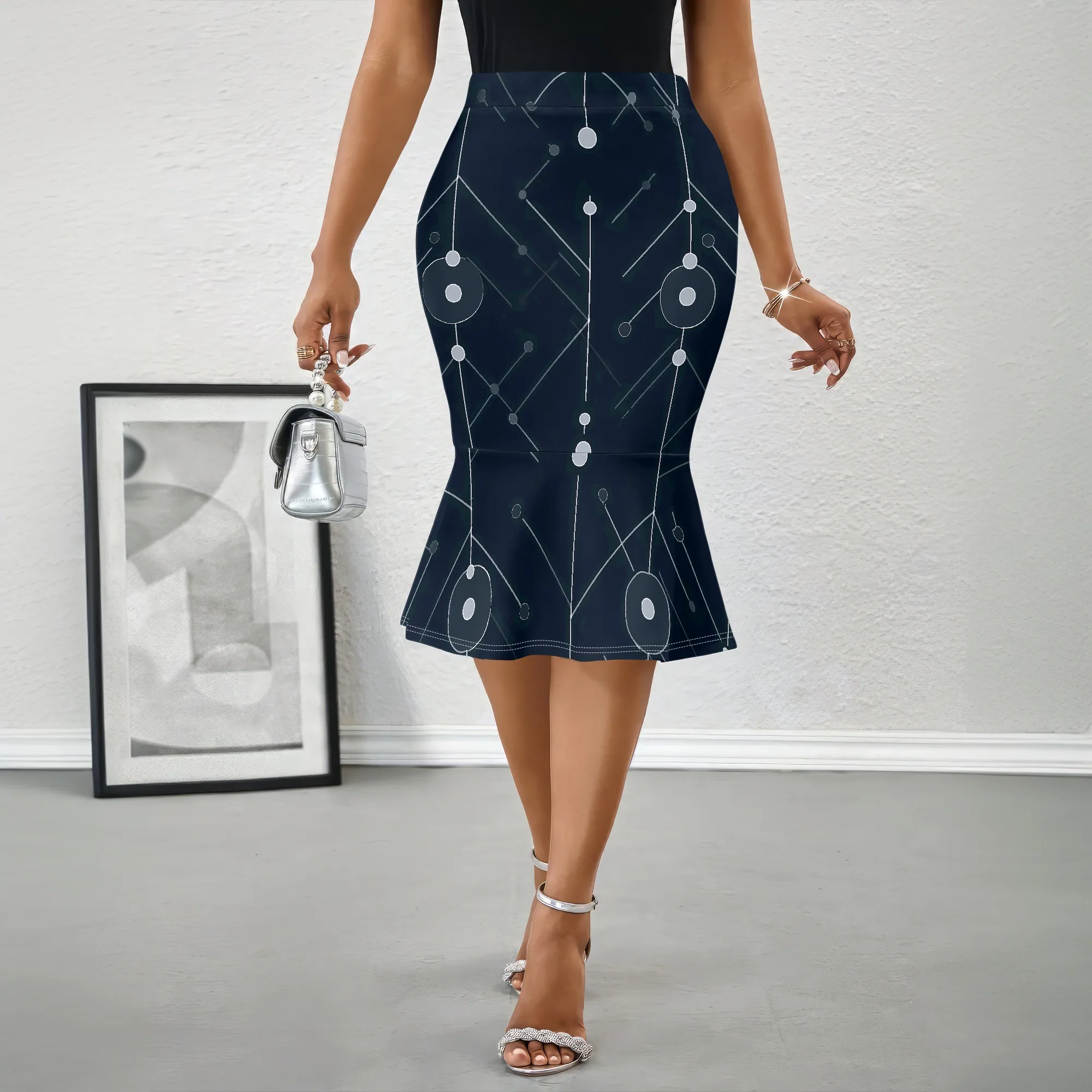 Geometric Print Skirt, Abstract Line Art Pencil Skirt, Navy Blue Midi Skirt, Ruffle Hem Design, Office Wear, S-2XL
Geometric Print Skirt, Abstract Line Art Pencil Skirt, Navy Blue Midi Skirt, Ruffle Hem Design, Office Wear, S-2XL