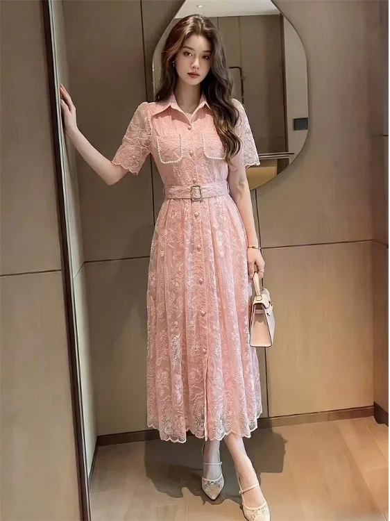 Summer Lace Dress Women's Mid-Length Slimming Pearl Belted Turn-down Collar Commute Style Short Sleeve Button Closure A-Line ...
Summer Lace Dress Women's Mid-Length Slimming Pearl Belted Turn-down Collar Commute Style Short Sleeve Button Closure A-Line ...