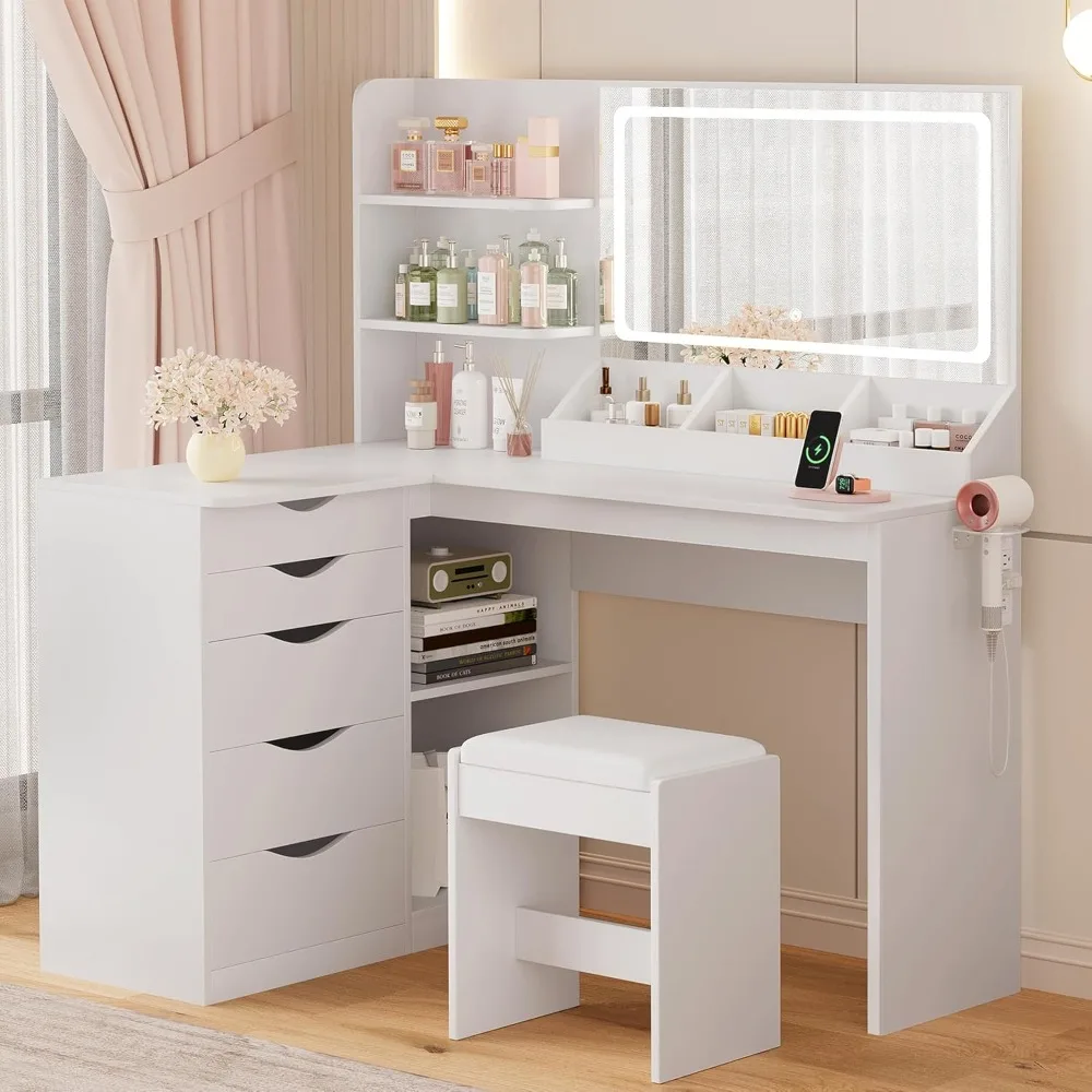 Vanity Desk with Lights and Mirror, L Shaped Makeup Table, Dresser with Hairdryer Holder and Power Outlet,
Vanity Desk with Lights and Mirror, L Shaped Makeup Table, Dresser with Hairdryer Holder and Power Outlet,