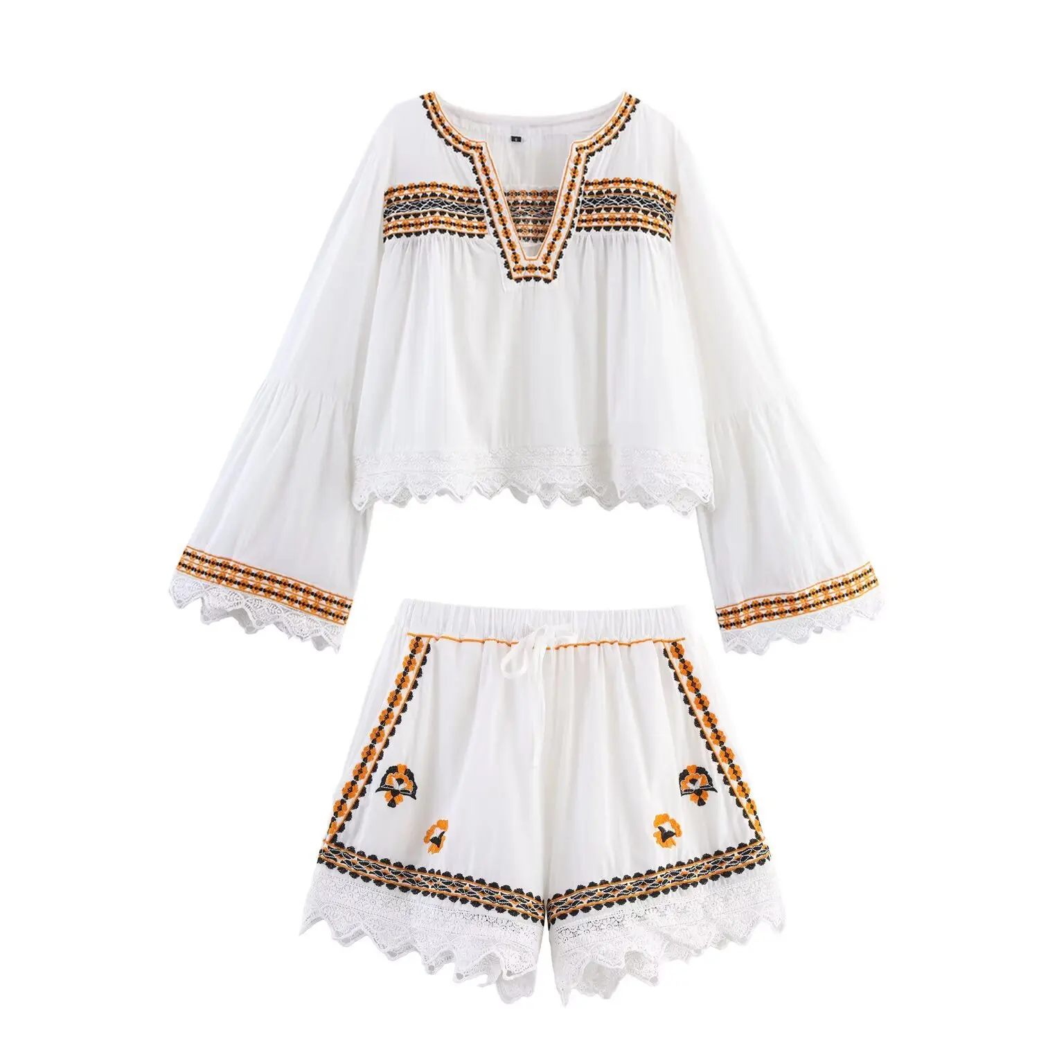 Bohemian embroidered two-piece set 2026 new summer V-neck bell sleeve top + lace shorts casual suit
Bohemian embroidered two-piece set 2026 new summer V-neck bell sleeve top + lace shorts casual suit