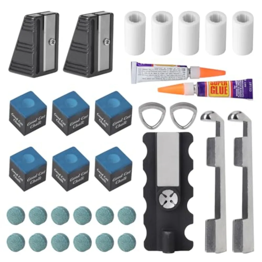 30 pcs Pool Cue Repair Kit 1 5in1 Pool Cue Tips Repair Tool 2 Pool Cue Tip Clamp 12 Billiard Cue Tips 5 Ferrules 6 Chalk Cubes
30 pcs Pool Cue Repair Kit 1 5in1 Pool Cue Tips Repair Tool 2 Pool Cue Tip Clamp 12 Billiard Cue Tips 5 Ferrules 6 Chalk Cubes