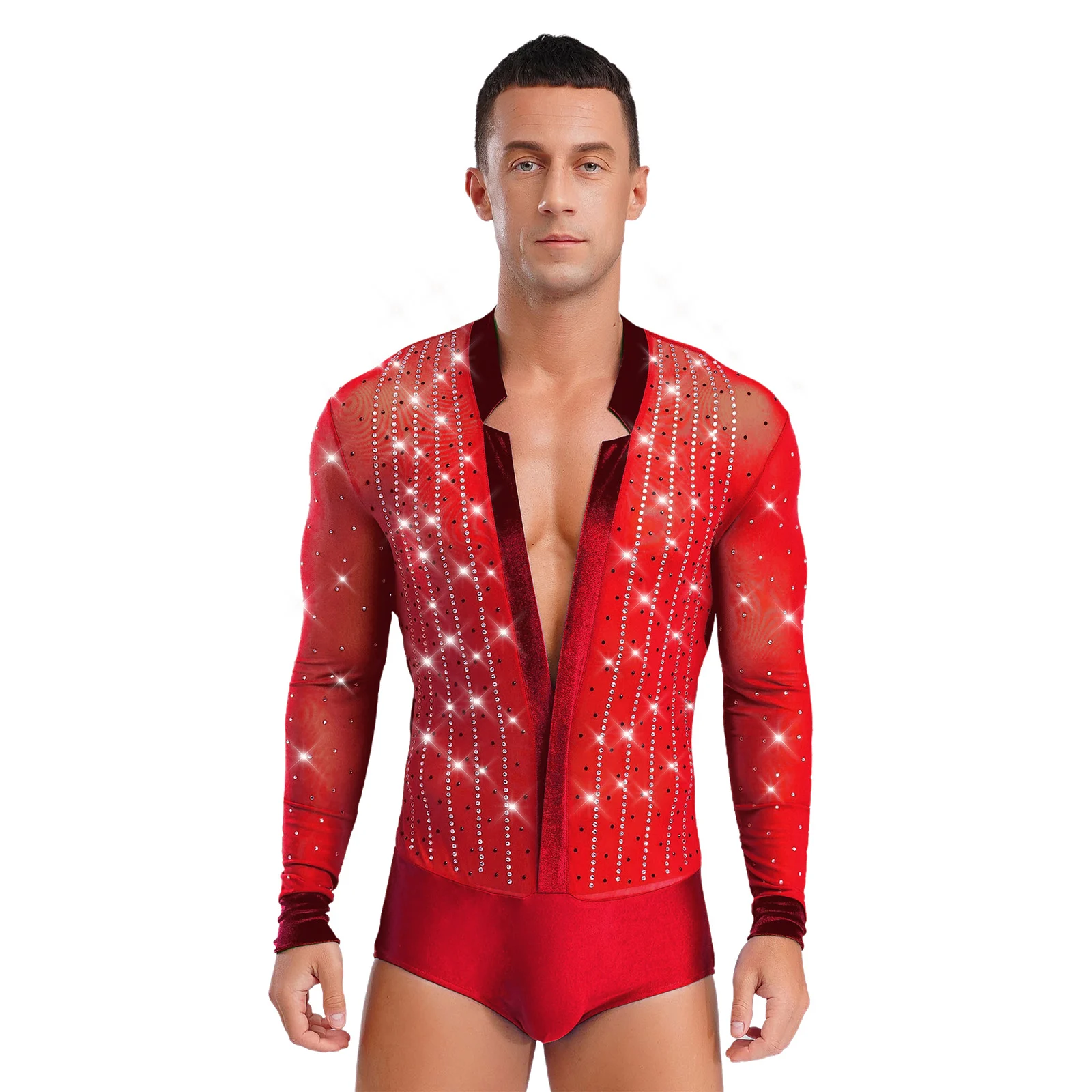 Men's Sheer Mesh Deep V-neck Ballroom Latin Jazz Dance Bodysuits Shiny Sequins Decor Party Club Band Dancer Performing Leotard
Men's Sheer Mesh Deep V-neck Ballroom Latin Jazz Dance Bodysuits Shiny Sequins Decor Party Club Band Dancer Performing Leotard