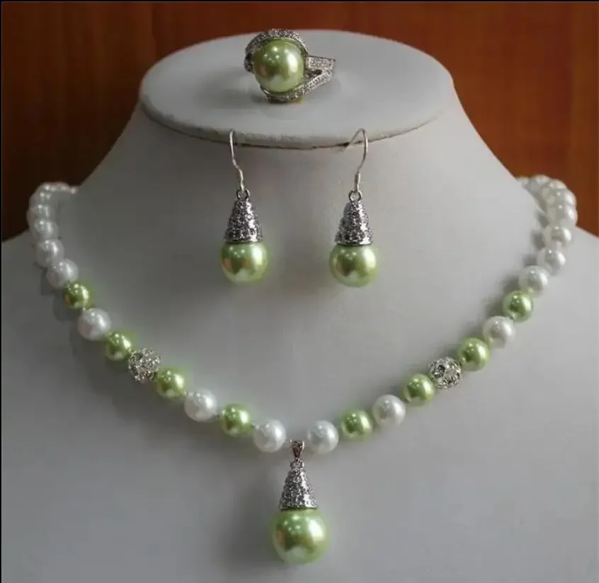 Fashion design 8mm white pearl + light green accessories Necklace Pendant + Earrings + ring sleeve group
Fashion design 8mm white pearl + light green accessories Necklace Pendant + Earrings + ring sleeve group
