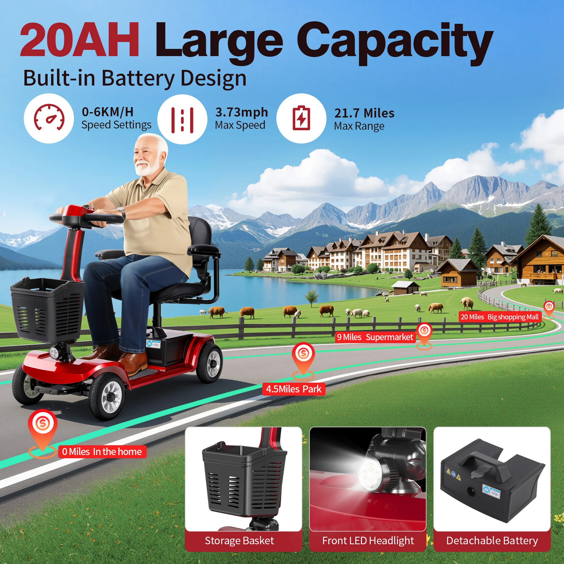 Unificare Red Foldable Electric Mobility Scooter Specially Designed For Adults Seniors Equipped With 20Ah Rechargeable Battery 360 Degree Swivel Seat Non Pneumatic Solid Tire Easy To Store And Transport
Unificare Red Foldable Electric Mobility Scooter Specially Designed For Adults Seniors Equipped With 20Ah Rechargeable Battery 360 Degree Swivel Seat Non Pneumatic Solid Tire Easy To Store And Transport