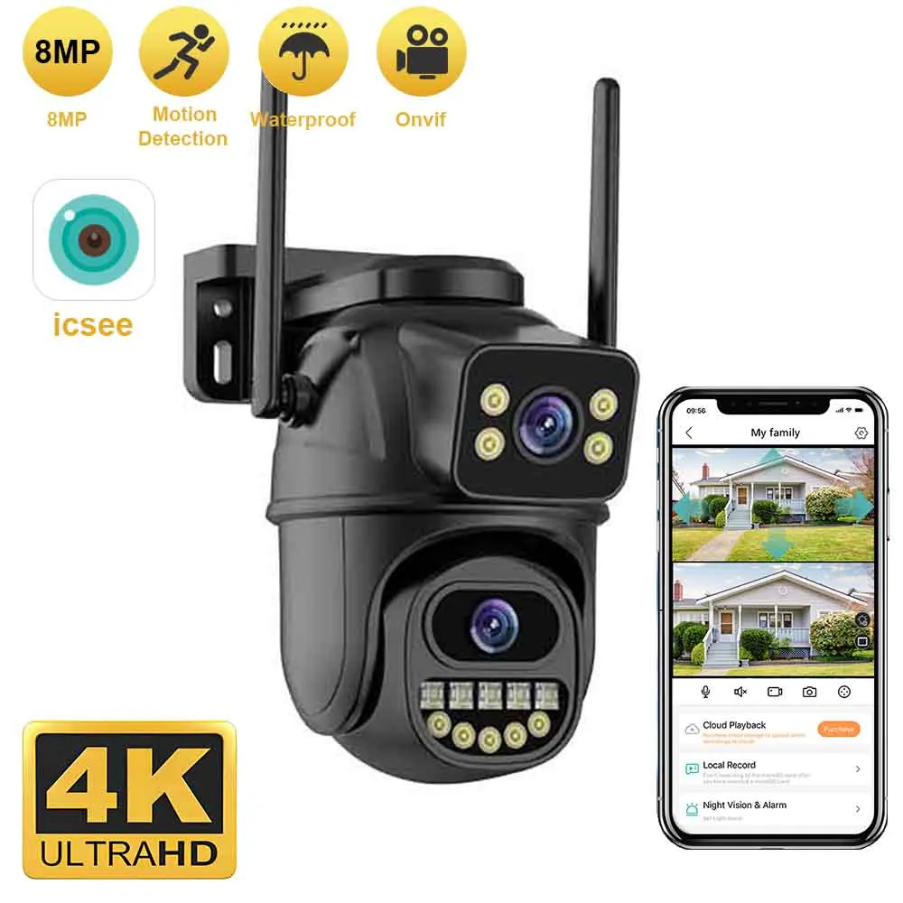 4K 8MP Dual Lens Dual Screen HD Wifi PTZ Camera Outdoor 4MP AI Auto Tracking IP Camera CCTV Audio Video Surveillance P2P iCSee
4K 8MP Dual Lens Dual Screen HD Wifi PTZ Camera Outdoor 4MP AI Auto Tracking IP Camera CCTV Audio Video Surveillance P2P iCSee