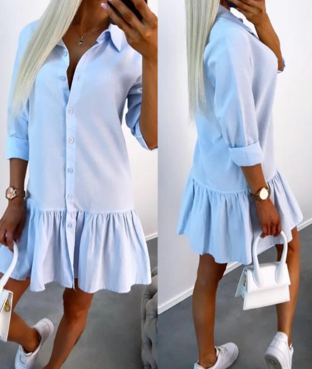 Dresses for Women 2023 Summer Turn-down Collar Casual Plain Long Sleeve Buttoned Ruffle Hem Mini Shirt Dress Female Clothes
Dresses for Women 2023 Summer Turn-down Collar Casual Plain Long Sleeve Buttoned Ruffle Hem Mini Shirt Dress Female Clothes