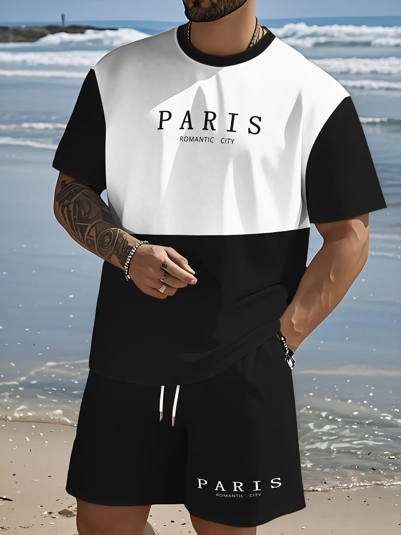 Summer Men's Short-Sleeve T-Shirt and Shorts Set Paris Alphabet Print Crew Neck Short-Sleeve Top Drawstring Shorts Two-Piece Set
Summer Men's Short-Sleeve T-Shirt and Shorts Set Paris Alphabet Print Crew Neck Short-Sleeve Top Drawstring Shorts Two-Piece Set