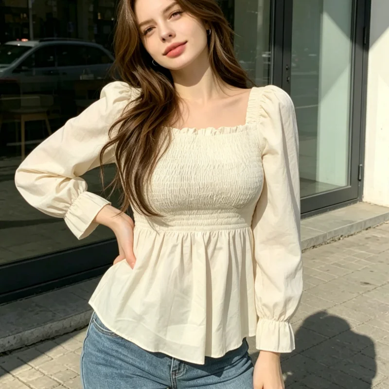 2026 Office Lady Fashion Sweet Square Neck Shirt Elegant Long Sleeve Pleated White Women Blouse New Casual Elastic Slim Tops
2026 Office Lady Fashion Sweet Square Neck Shirt Elegant Long Sleeve Pleated White Women Blouse New Casual Elastic Slim Tops