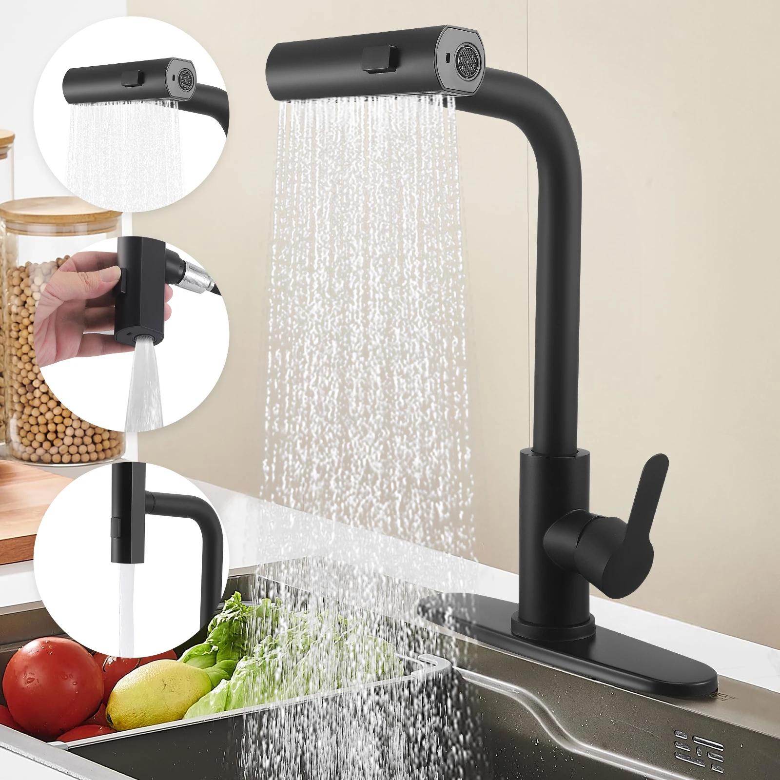 Смеситель для кухни, черный кухонный смеситель с водопадом, 3 режима распыления, выдвижная насадка
Смеситель для кухни, черный кухонный смеситель с водопадом, 3 режима распыления, выдвижная насадка