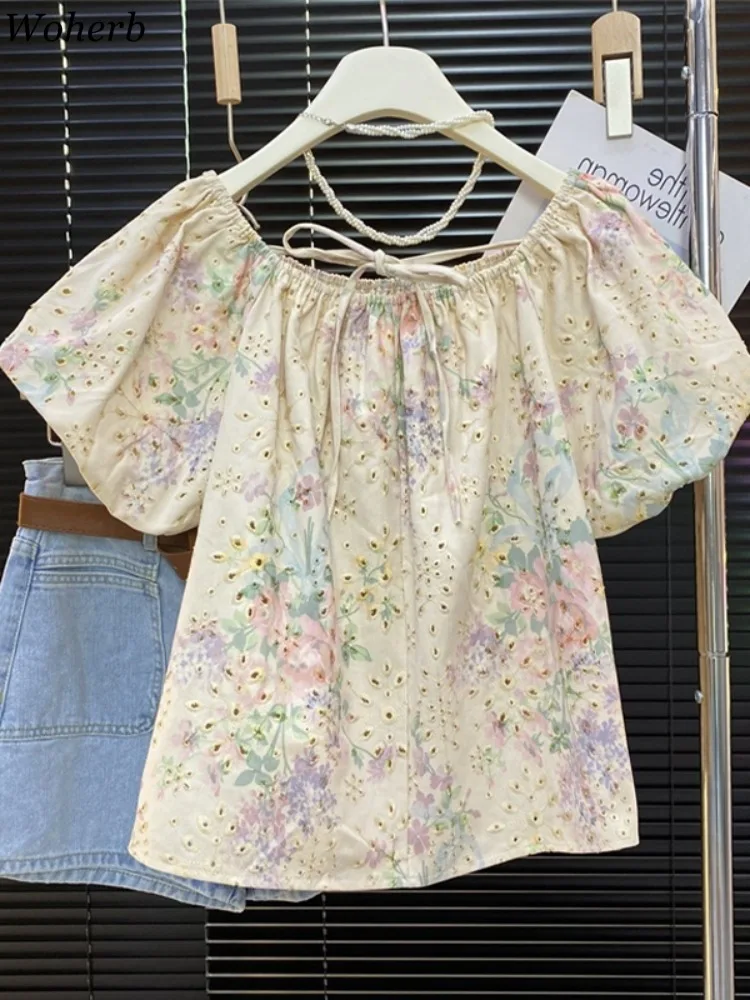 Slash Neck Sweet Womens Tops Fashion Summer Puff Sleeve Shirts Bandage Loose Print Hollow Out Blouses 2025 Blusas Mujer De Moda
Slash Neck Sweet Womens Tops Fashion Summer Puff Sleeve Shirts Bandage Loose Print Hollow Out Blouses 2025 Blusas Mujer De Moda