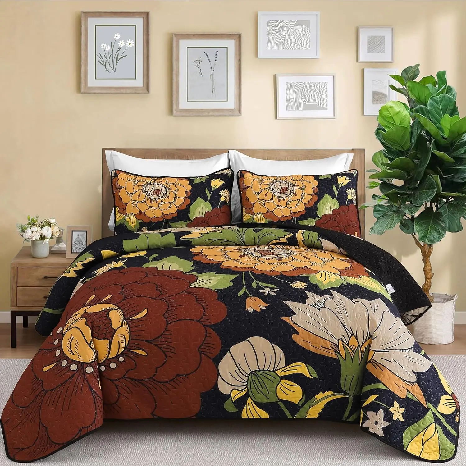 California King Size Black Boho Floral Quilt Set, 3-Piece Microfiber Bedding with 2 Pillowcases for All Seasons, 112''x96''
California King Size Black Boho Floral Quilt Set, 3-Piece Microfiber Bedding with 2 Pillowcases for All Seasons, 112''x96''