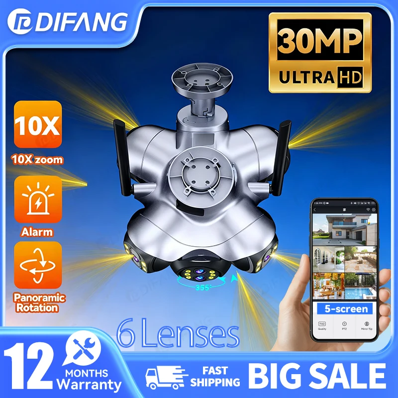 DIFANG 30MP WiFi IP Camera, 6-Lens 5-Screen Display, 10X Zoom PTZ Auto Tracking, Outdoor Wireless CCTV Security Surveillance
DIFANG 30MP WiFi IP Camera, 6-Lens 5-Screen Display, 10X Zoom PTZ Auto Tracking, Outdoor Wireless CCTV Security Surveillance