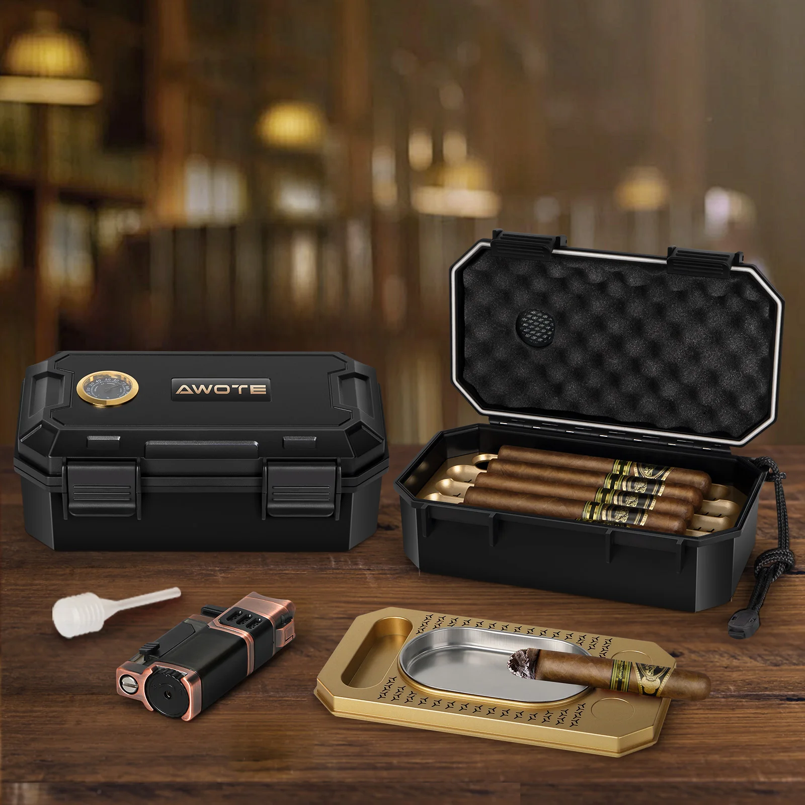 Portable Travel Cigar Humidor Set with Torch Lighter, Ashtray, Holder, Humidifier & Hygrometer, Cigar Accessories for Men Gift
Portable Travel Cigar Humidor Set with Torch Lighter, Ashtray, Holder, Humidifier & Hygrometer, Cigar Accessories for Men Gift
