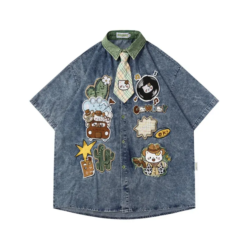 HELLOMARCEL Heavy Washing Cartoon Cat Embroidery with Tie Men's and Women's Loose Fashion Design Short Sleeve Denim Shirt 
HELLOMARCEL Heavy Washing Cartoon Cat Embroidery with Tie Men's and Women's Loose Fashion Design Short Sleeve Denim Shirt