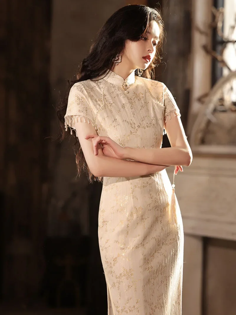 Women Summer Lace Gold Cheongsam Dress New French Style Wedding Evening Dress Vintage Female Tassels Sleeve Qipao S To 3XXL
Women Summer Lace Gold Cheongsam Dress New French Style Wedding Evening Dress Vintage Female Tassels Sleeve Qipao S To 3XXL