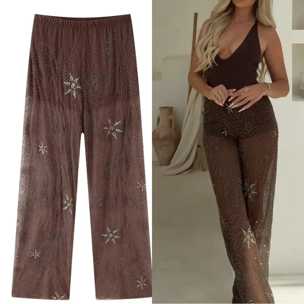 Embroidery INS Pants Floral Personalized Bead Bright Diamond Wide Leg Women Eur America Coffee Thin Long Pants High Waist Pants 
Embroidery INS Pants Floral Personalized Bead Bright Diamond Wide Leg Women Eur America Coffee Thin Long Pants High Waist Pants
