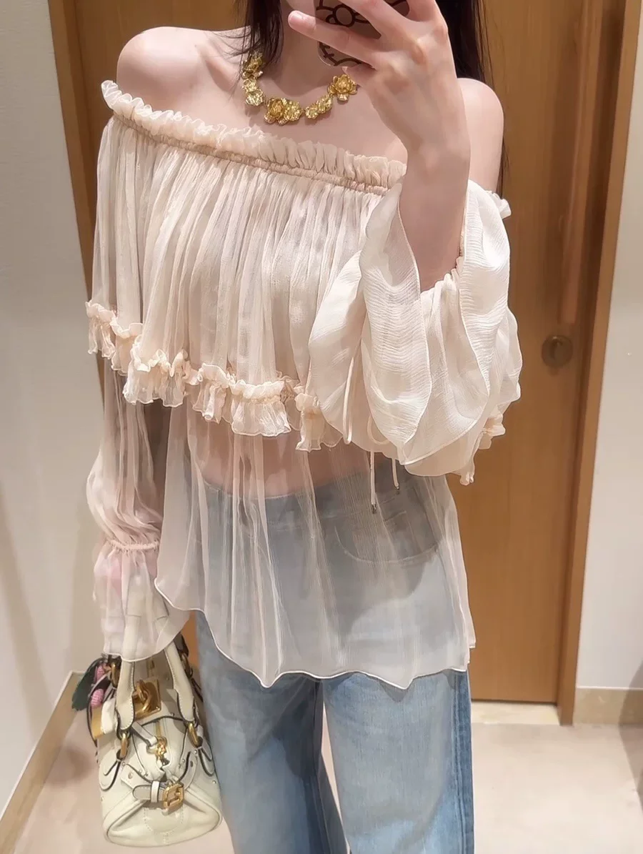 2026 Summer Romantic Ruffles Light Pink Silk Blouse Women's Long Sleeve Sexy Slash Neck Beach Loose Chiffon Tops
2026 Summer Romantic Ruffles Light Pink Silk Blouse Women's Long Sleeve Sexy Slash Neck Beach Loose Chiffon Tops