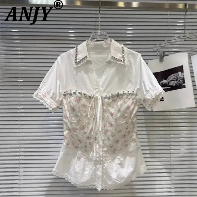 ANJY Summer New Women Chic French Style Sweet Diamonds Short Sleeves Shirt Floral Patchwork Design Elegant Fashion Blouse A23412
ANJY Summer New Women Chic French Style Sweet Diamonds Short Sleeves Shirt Floral Patchwork Design Elegant Fashion Blouse A23412