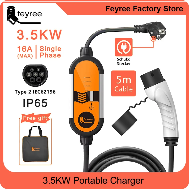 feyree Type2 16A 3.5KW Portable EV Charger EVSE Charging Cable 5m with Schuko Plug Current Adjustable for Electric Car Charger
feyree Type2 16A 3.5KW Portable EV Charger EVSE Charging Cable 5m with Schuko Plug Current Adjustable for Electric Car Charger