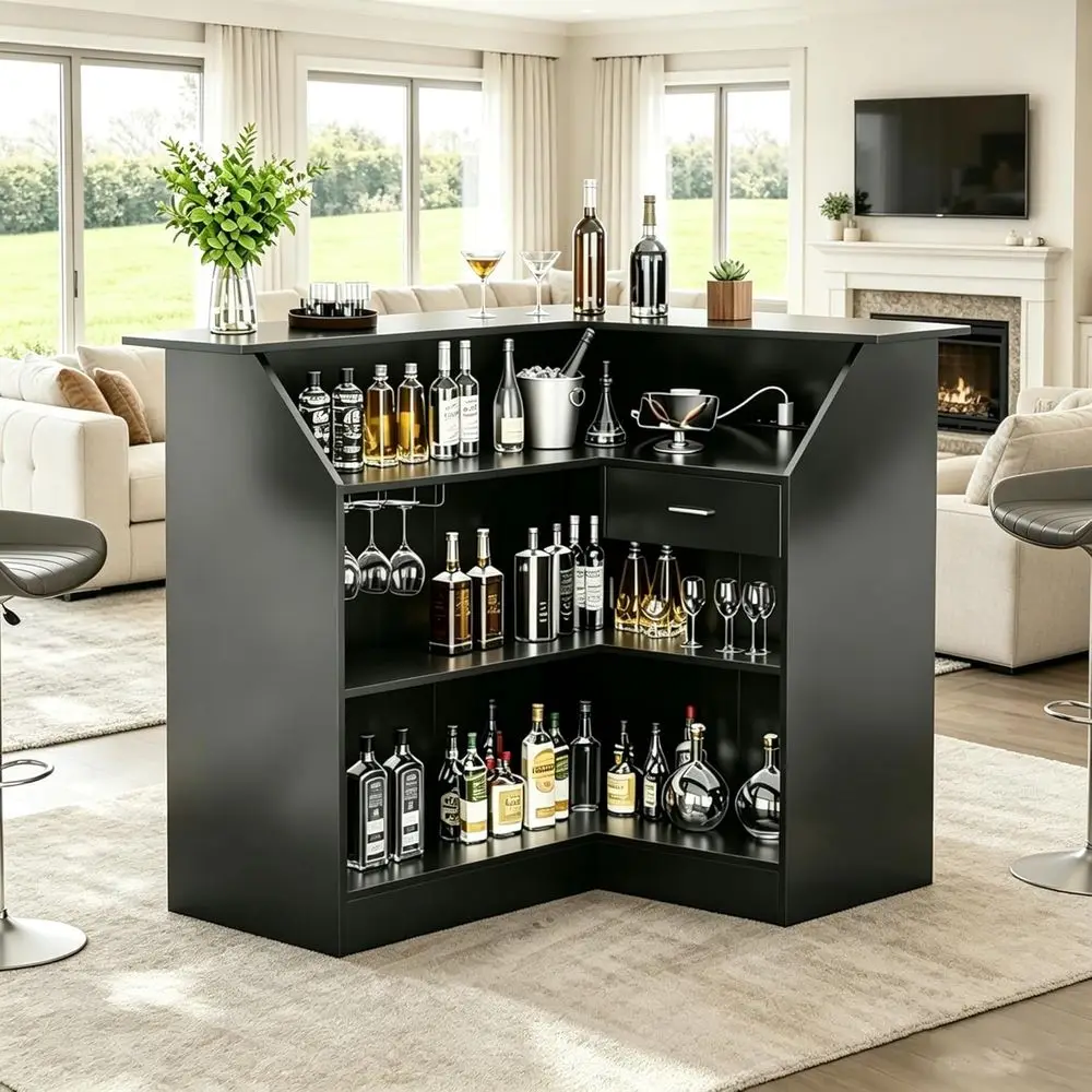 4-Tier L-Shaped Liquor Cabinet with Storage, Outlet, and Stemware Racks for Home Bar or Pub
4-Tier L-Shaped Liquor Cabinet with Storage, Outlet, and Stemware Racks for Home Bar or Pub