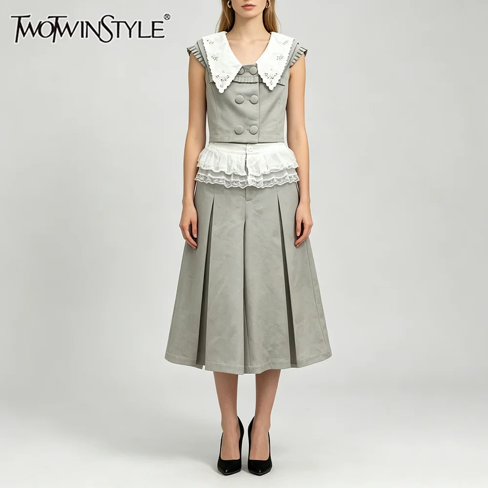 TWOTWINSTYLE Patchwork Lace Two Piece Sets for Women Lapel Short Sleeve Top High Waist Folds Skirt Casual Set Female Fashion New
TWOTWINSTYLE Patchwork Lace Two Piece Sets for Women Lapel Short Sleeve Top High Waist Folds Skirt Casual Set Female Fashion New