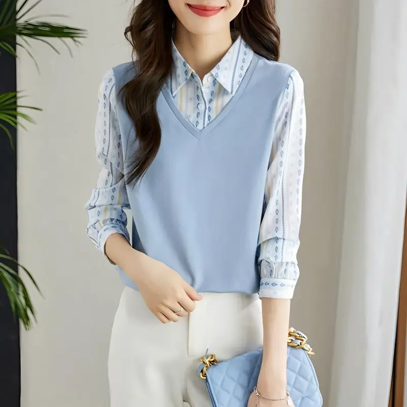 Women's Spring Autumn Turn-down Collar Pullover Button Printing Lantern Long Sleeve Chiffon Fake Two Pieces T-shirt Elegant Tops
Women's Spring Autumn Turn-down Collar Pullover Button Printing Lantern Long Sleeve Chiffon Fake Two Pieces T-shirt Elegant Tops