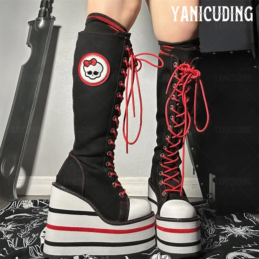 Skeleton Embroidered Canvas Wedge Boots Black Red and White Striped Wedge Heel Platform Knee-High Boots Lace-Up Cosplay Boots
Skeleton Embroidered Canvas Wedge Boots Black Red and White Striped Wedge Heel Platform Knee-High Boots Lace-Up Cosplay Boots
