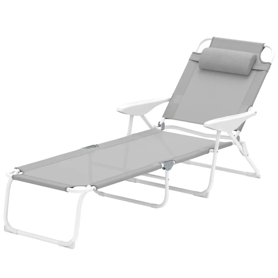 Folding Chaise Lounge Outdoor Sun Tanning Chair 4Position Reclining Back Armrests Removable Pillow Light Gray
Folding Chaise Lounge Outdoor Sun Tanning Chair 4Position Reclining Back Armrests Removable Pillow Light Gray
