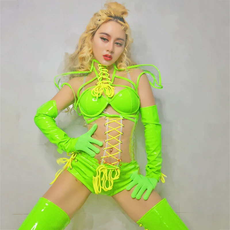 Bandage Fluorescent Green Sets Faux Leather Female Pole Dance Clothing Rave Outfit Nightclub Bar Singer Dance Costume XS2726
Bandage Fluorescent Green Sets Faux Leather Female Pole Dance Clothing Rave Outfit Nightclub Bar Singer Dance Costume XS2726