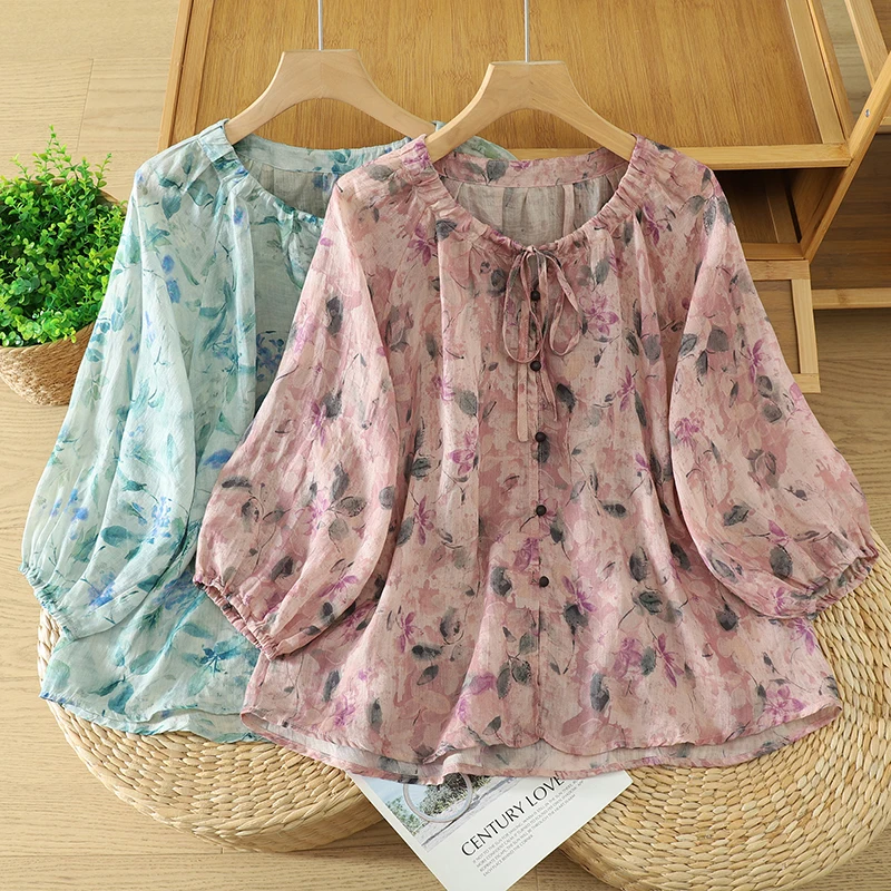 Korean Style plus Size Women's Summer New Print Shirt Jacket round Neck Thin Cotton Linen Top Breathable Comfortable Loose Fit
Korean Style plus Size Women's Summer New Print Shirt Jacket round Neck Thin Cotton Linen Top Breathable Comfortable Loose Fit
