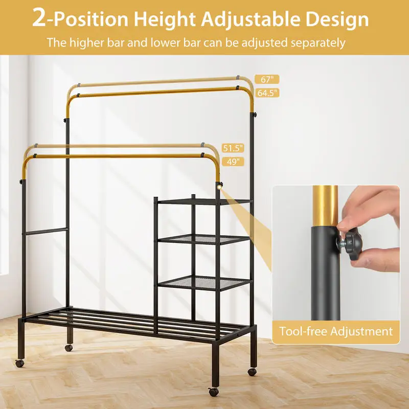 Rolling Double Rods Garment Rack with Height Adjustable Hanging Bars-Golden
Rolling Double Rods Garment Rack with Height Adjustable Hanging Bars-Golden