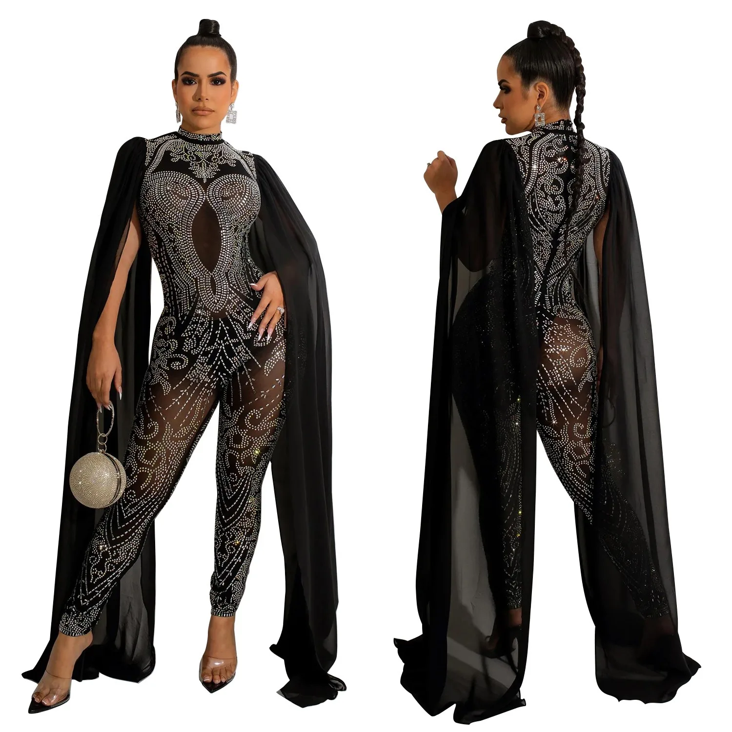 Fashion women's nightclub party club hot diamond mesh see-through pants sleeveless shoulder cape jumpsuit
Fashion women's nightclub party club hot diamond mesh see-through pants sleeveless shoulder cape jumpsuit