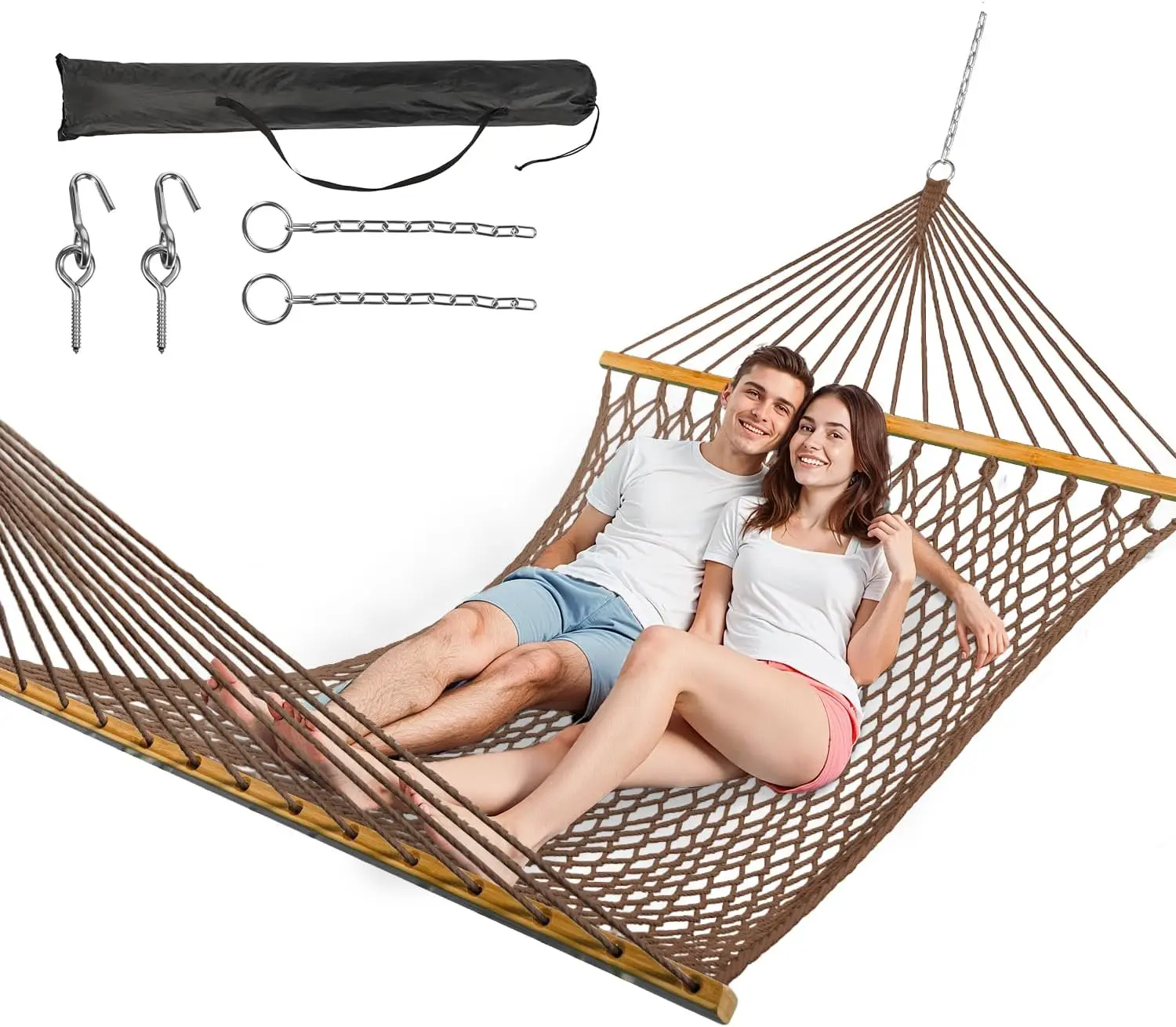 Double Hammock for 2 Person, Handwoven Rope Hammock with Spreader Bar -Indoor & Outdoor Use for Patio,Poolside, Backyard (Brown)
Double Hammock for 2 Person, Handwoven Rope Hammock with Spreader Bar -Indoor & Outdoor Use for Patio,Poolside, Backyard (Brown)