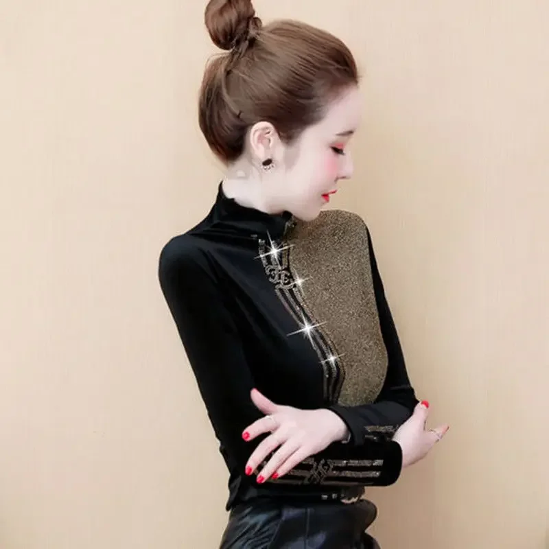 2021 New Women 's Autumn and Winter Half High Collar Bright Silk Rhinestone T-shirt
2021 New Women 's Autumn and Winter Half High Collar Bright Silk Rhinestone T-shirt