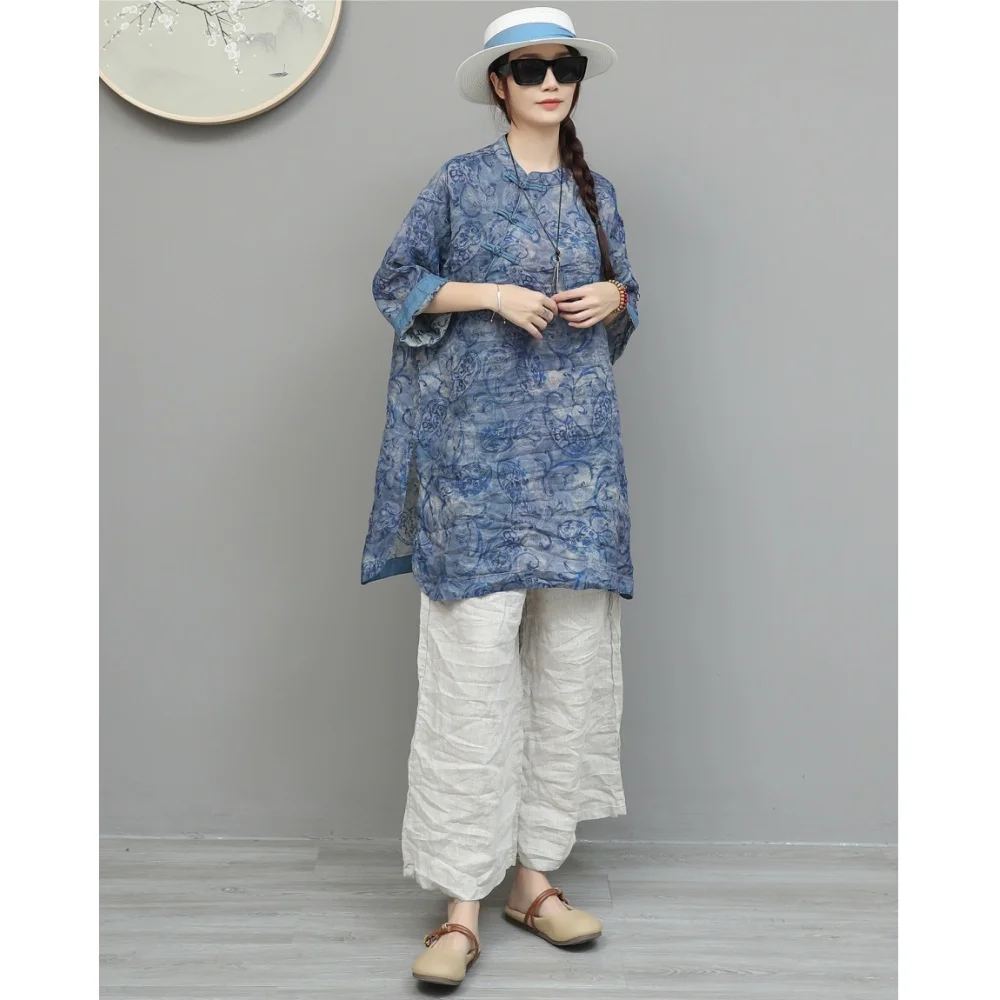 Artistic Summer Outfit Women Diagonal Buttoned Printed Ramie Mid-length Top + Loose Linen Wide-leg Pants Two-piece Set XY224
Artistic Summer Outfit Women Diagonal Buttoned Printed Ramie Mid-length Top + Loose Linen Wide-leg Pants Two-piece Set XY224