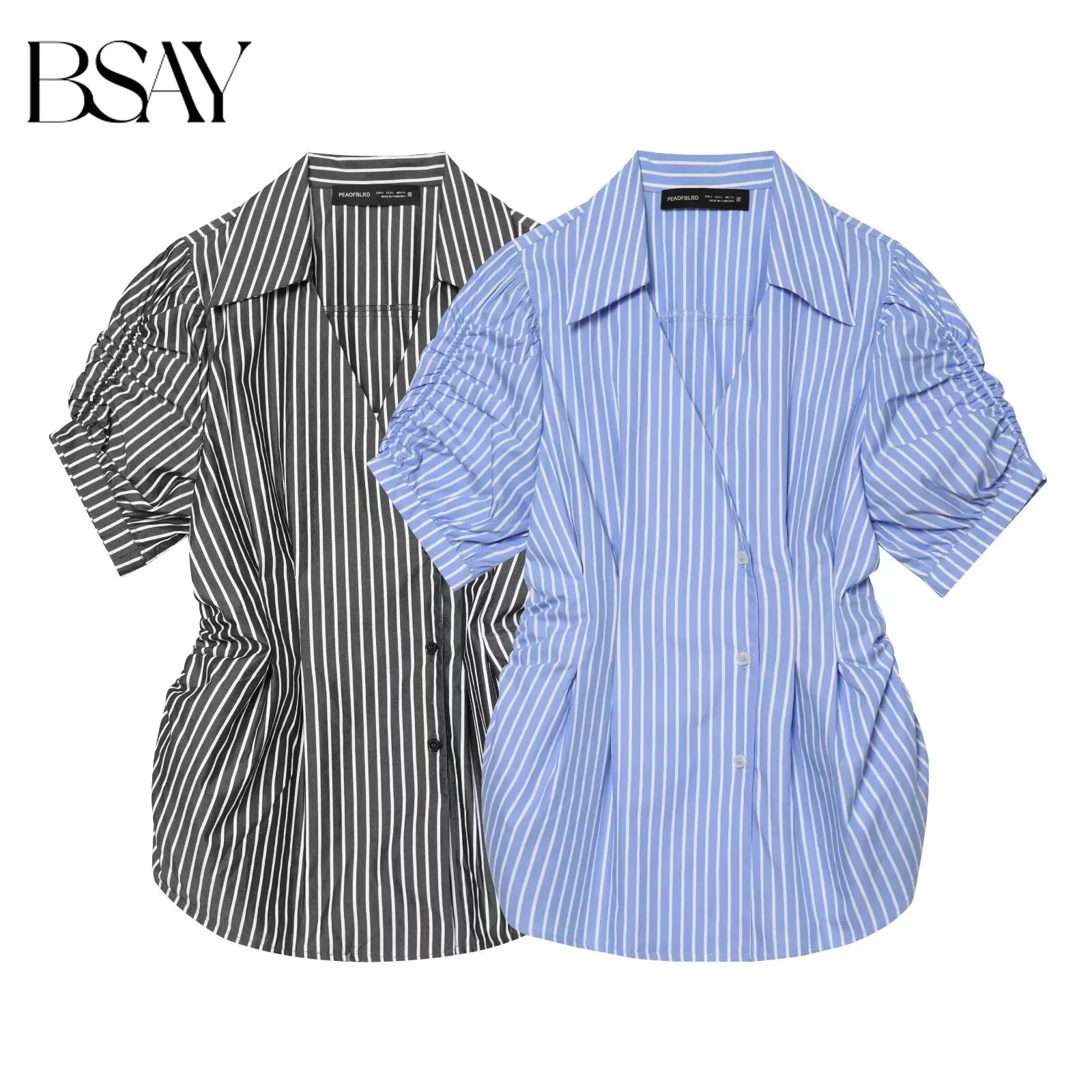 BSAY Women's Striped V-neck Puff Short Sleeve Shirt Single-breasted Casual Slim Fit Blouse Summer Chic Ladies Tops Mujer
BSAY Women's Striped V-neck Puff Short Sleeve Shirt Single-breasted Casual Slim Fit Blouse Summer Chic Ladies Tops Mujer