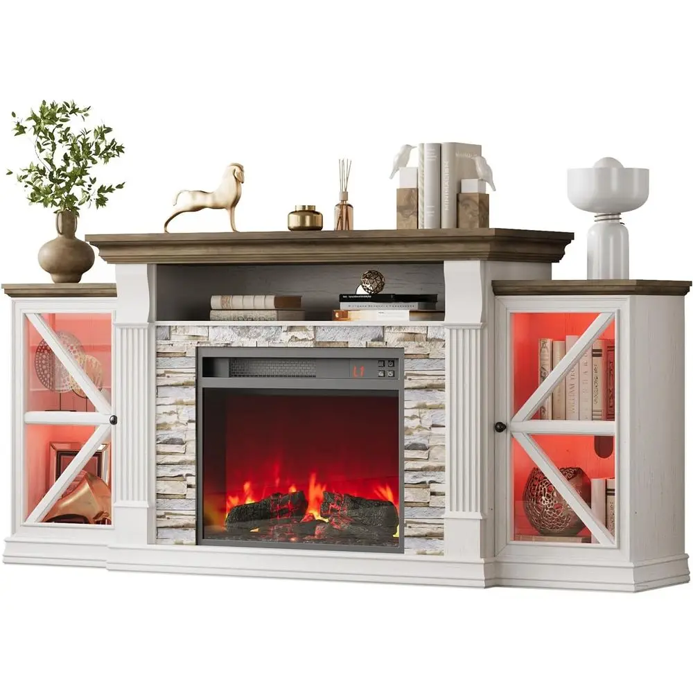 70 Electric Fireplace TV Stand with Glass Barn Doors and Open Shelves, Antique White for Elegant Living Room
70 Electric Fireplace TV Stand with Glass Barn Doors and Open Shelves, Antique White for Elegant Living Room