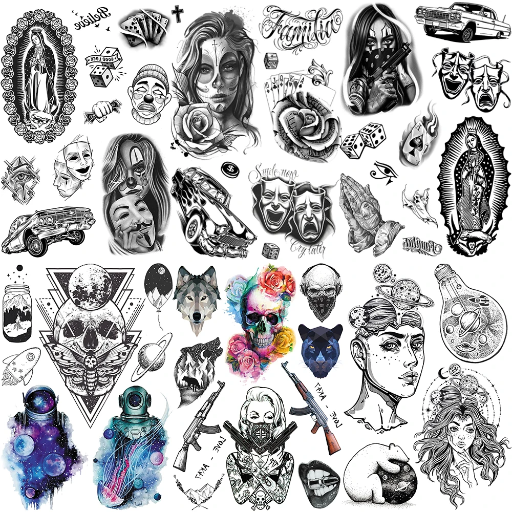 Chicano DIY Skull Temporary Tattoos For Men Adult Realistic Payasap Ayasa Fake Tattoo Sticker Waterproof Hand Tatoos Decal
Chicano DIY Skull Temporary Tattoos For Men Adult Realistic Payasap Ayasa Fake Tattoo Sticker Waterproof Hand Tatoos Decal
