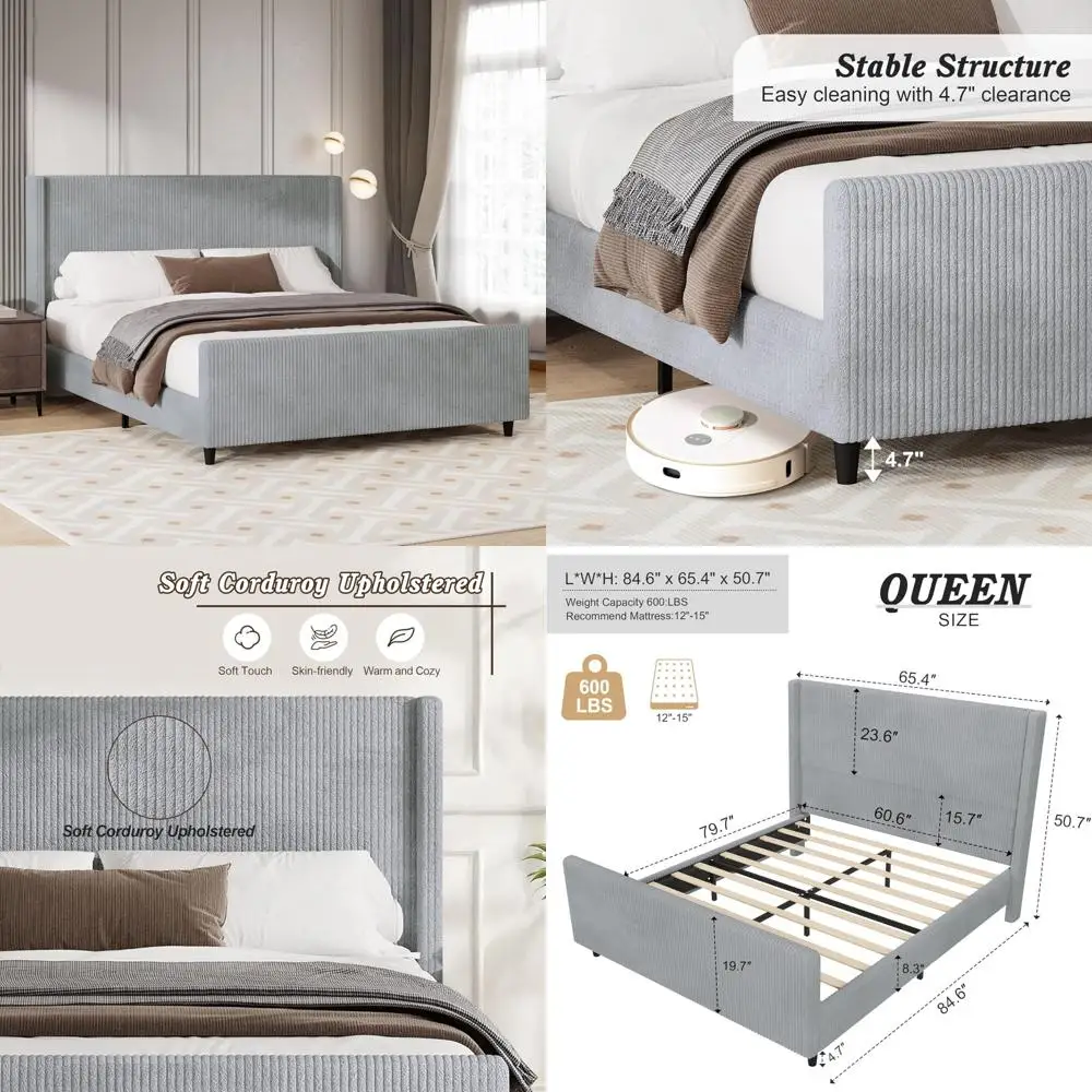 Queen Size Corduroy Upholstered Platform Bed Frame with 50.7 Tufted Headboard and Footboard, Ideal for Bedroom Mattress
Queen Size Corduroy Upholstered Platform Bed Frame with 50.7 Tufted Headboard and Footboard, Ideal for Bedroom Mattress