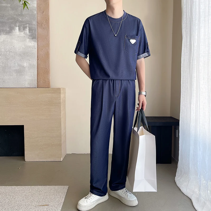 2024 Summer Pleated Sets Men Fashion Casual Short Sleeved T Shirt/Trousers 2-piece Mens Korean Loose Tencel Sets Men Denim Blue
2024 Summer Pleated Sets Men Fashion Casual Short Sleeved T Shirt/Trousers 2-piece Mens Korean Loose Tencel Sets Men Denim Blue