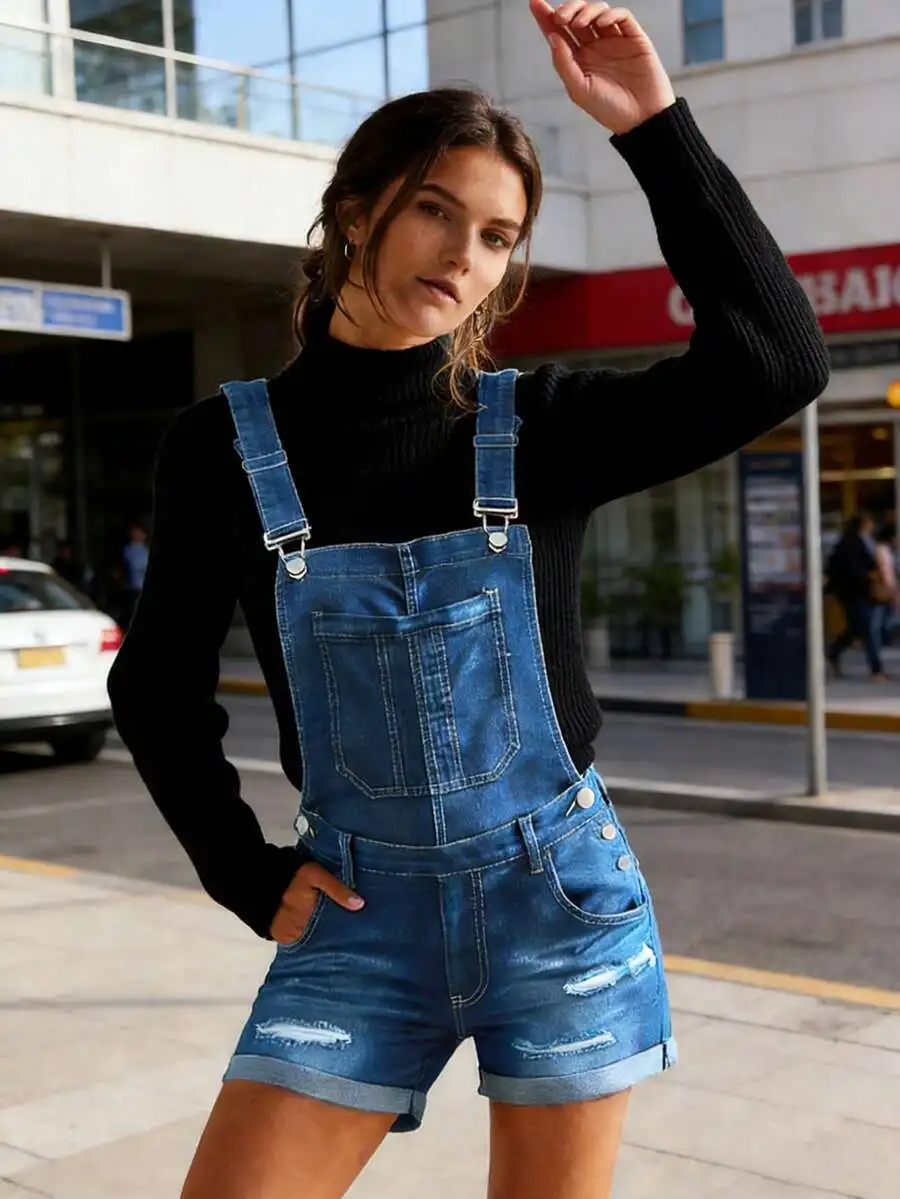 Womens Denim Short Overalls With Straps Ripped Details Medium Stretch Casual Style
Womens Denim Short Overalls With Straps Ripped Details Medium Stretch Casual Style