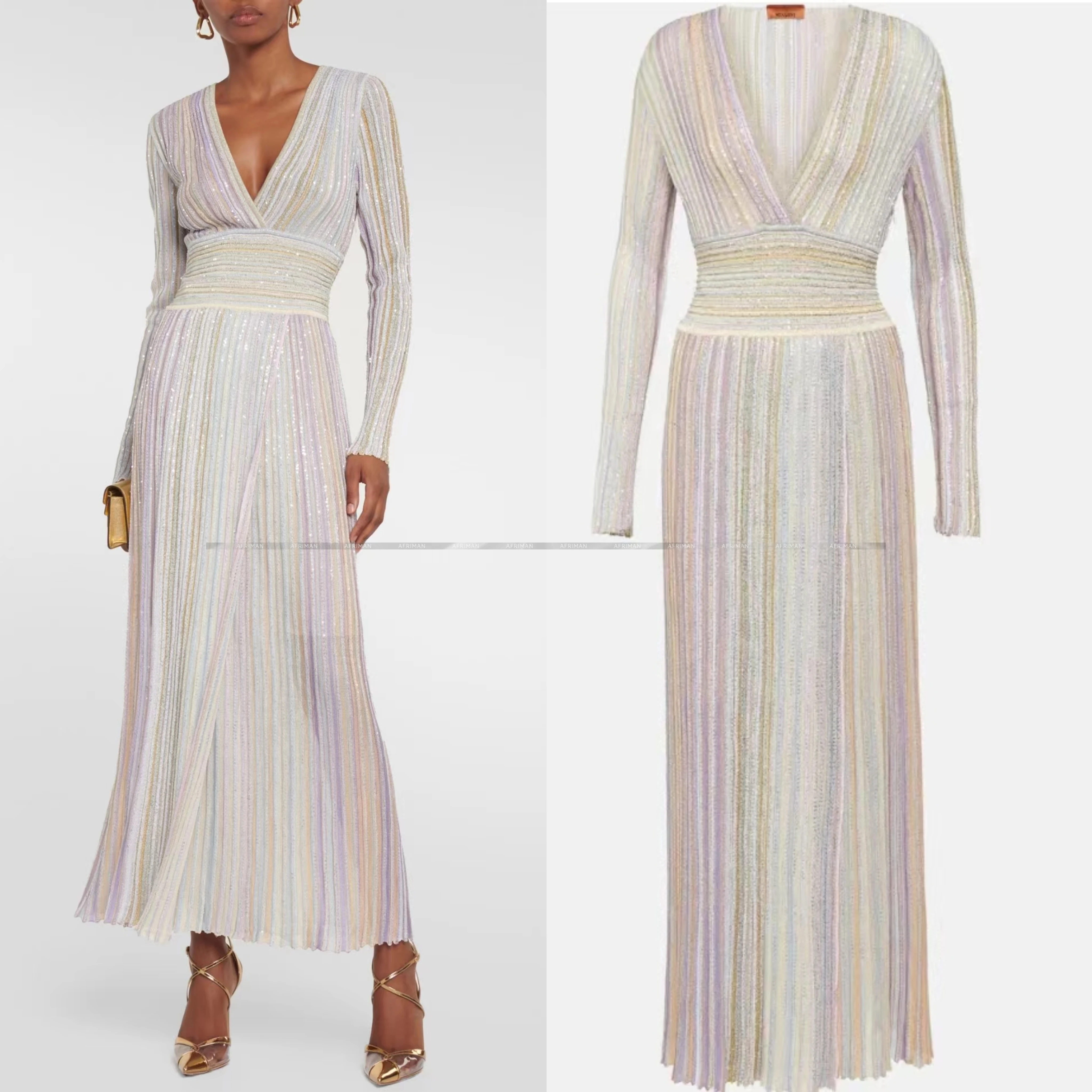 Women V Neck Sequin Embellished Colorful Striped Long Sleeve Waist Maxi Long Pleated Knitted Dress
Women V Neck Sequin Embellished Colorful Striped Long Sleeve Waist Maxi Long Pleated Knitted Dress