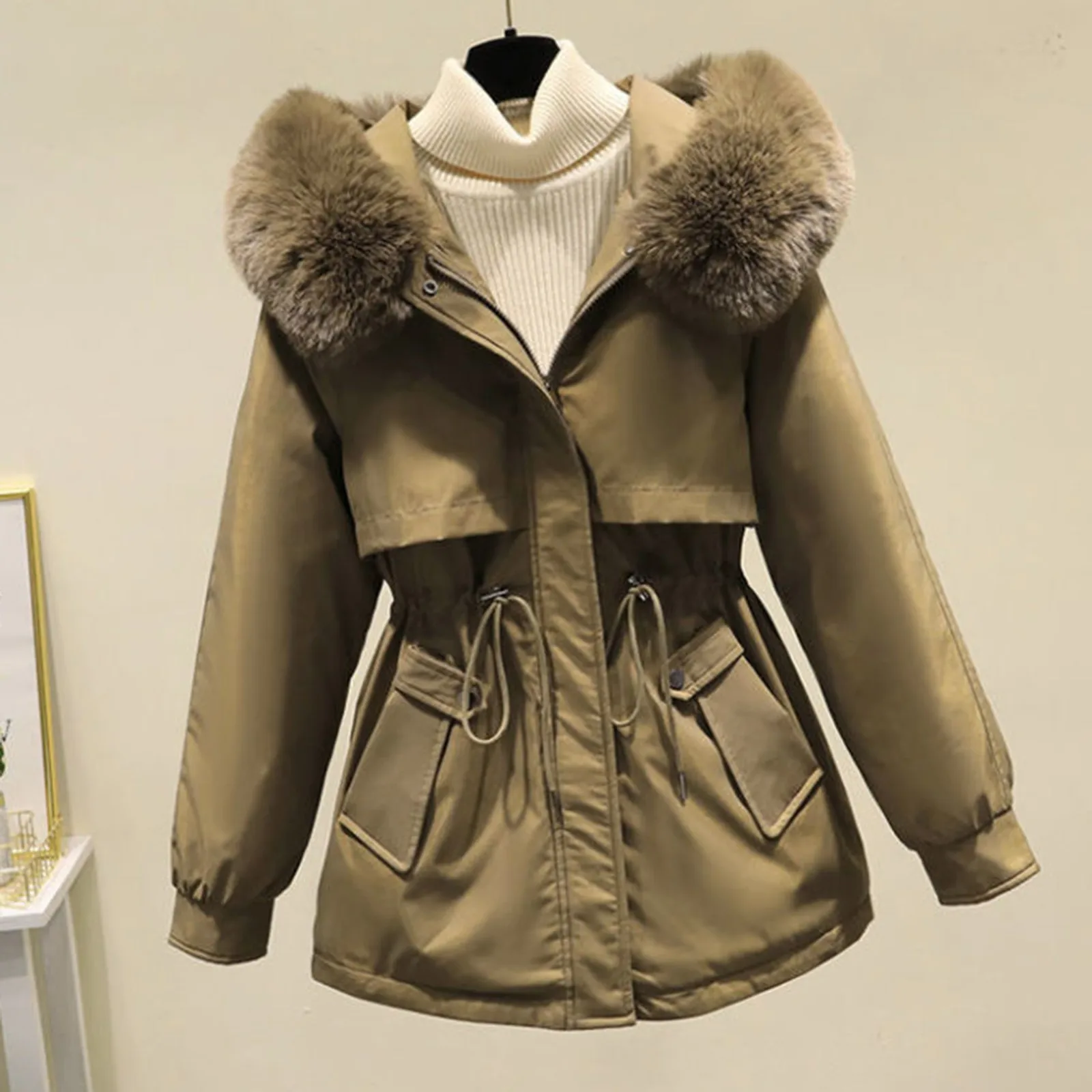 Women Winter Warm Thicken Parkas Jackets Zipper Long Sleeve Pockets Hooded Adjustable Waist Belt Down Coats With Big Fur Collar
Women Winter Warm Thicken Parkas Jackets Zipper Long Sleeve Pockets Hooded Adjustable Waist Belt Down Coats With Big Fur Collar