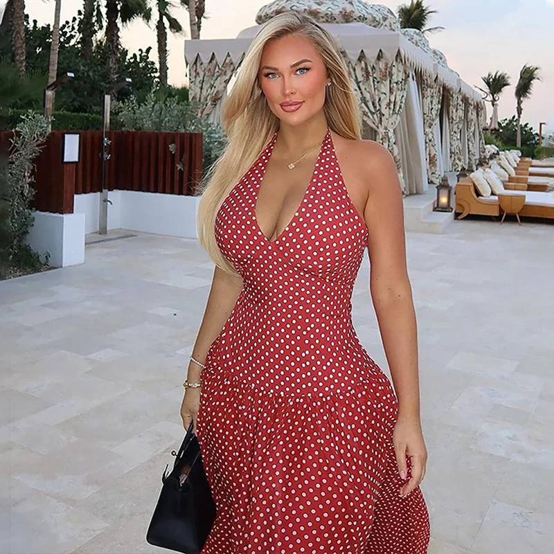 Women'S Dress Summer New Fashion Polka Dot Print Large Swing Skirt V-Neck Hanging Neck Dress
Women'S Dress Summer New Fashion Polka Dot Print Large Swing Skirt V-Neck Hanging Neck Dress